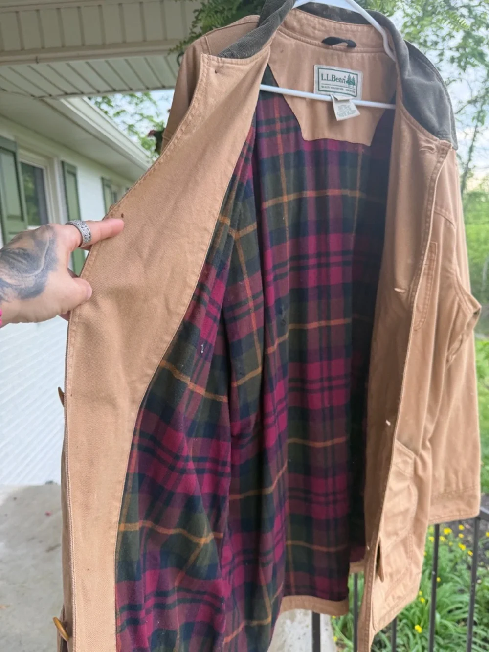 L.L. Bean Barn Coat Jacket‎ XXL Tall Tan Canvas Chore Coat Plaid Lined Workwear